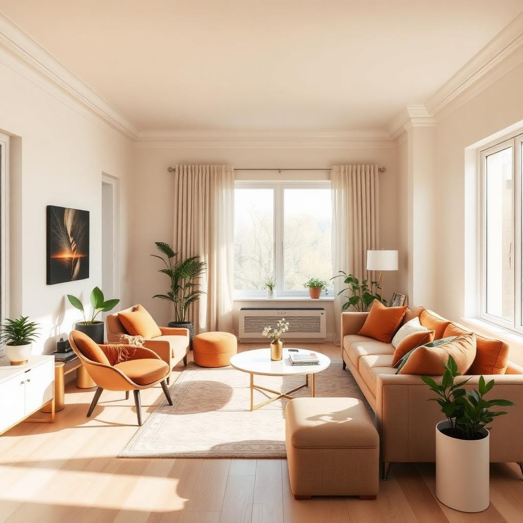 A sunlit Canadian apartment living room with warm furnishings